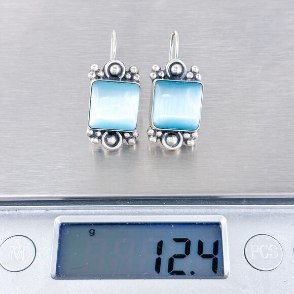 Vintage ATI Mexico Sterling Silver 925 Blue Cat’s Eye Drop Earrings - Picture 4 of 6